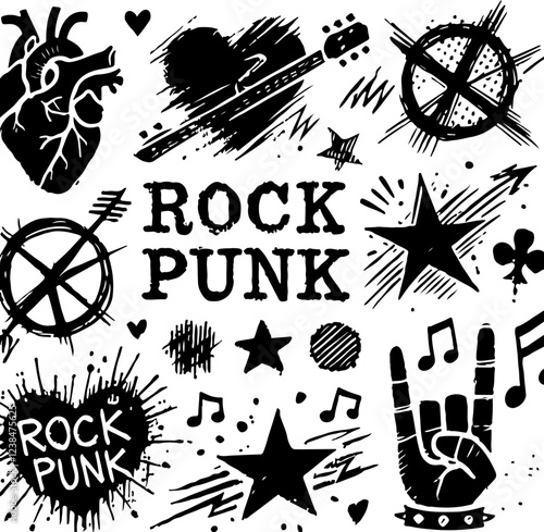 rock punk music star grunge heart doodle icon element set. Crayon brush stroke hand drawn line sketch style doodle rock punk star, heart shape