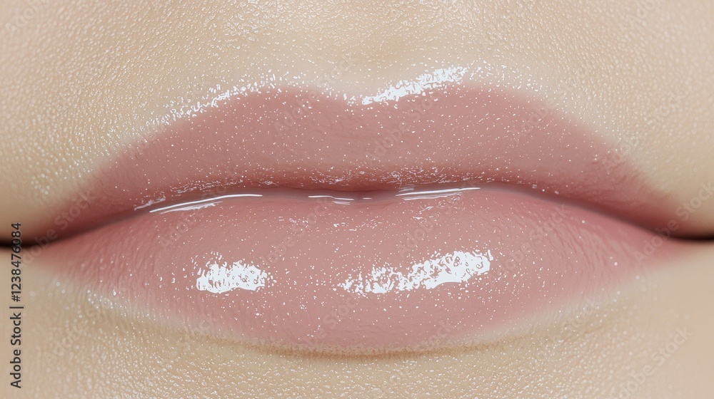 Fototapeta premium Female lips with glossy pink shimmering lip gloss captured in a close-up macro beauty shot.