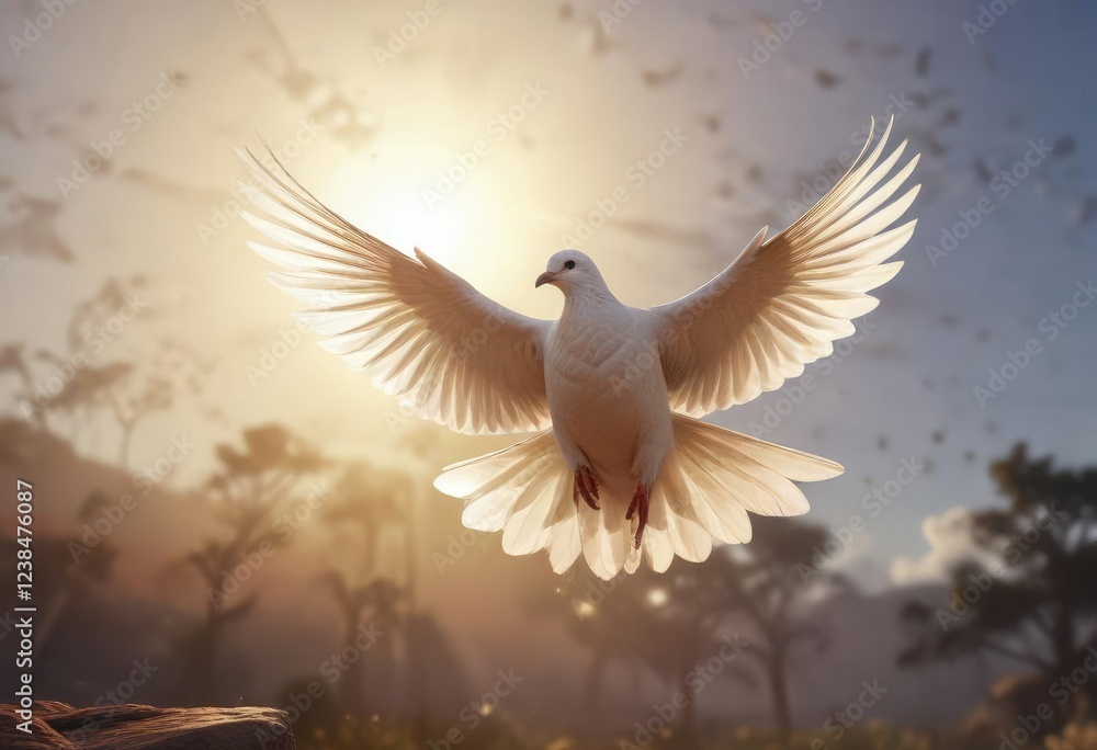 Obraz premium The sun shines down on a solitary white dove as it soars through the air, clouds, serene, warmth