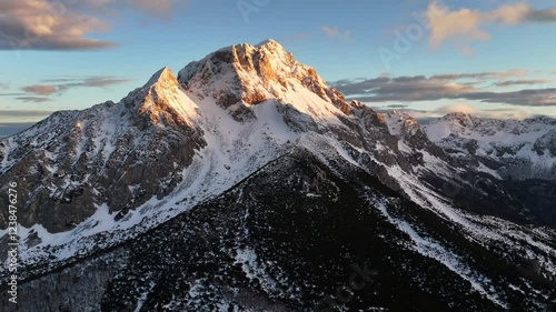 Epic drone video of mountain Maglic in Bosnia and Herzegovina, 4k drone video of snow mountains at sunset