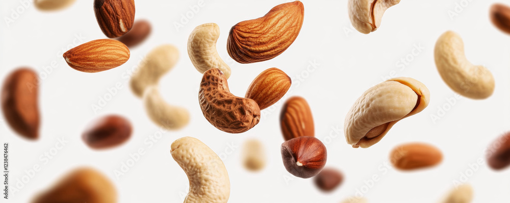 Mixed nuts floating in mid air against clean white background create dynamic and appetizing visual. This showcases variety of nuts, highlighting their textures and colors