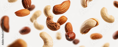 Obraz na płótnie Mixed nuts floating in mid air against clean white background create dynamic and appetizing visual. This showcases variety of nuts, highlighting their textures and colors w salonie