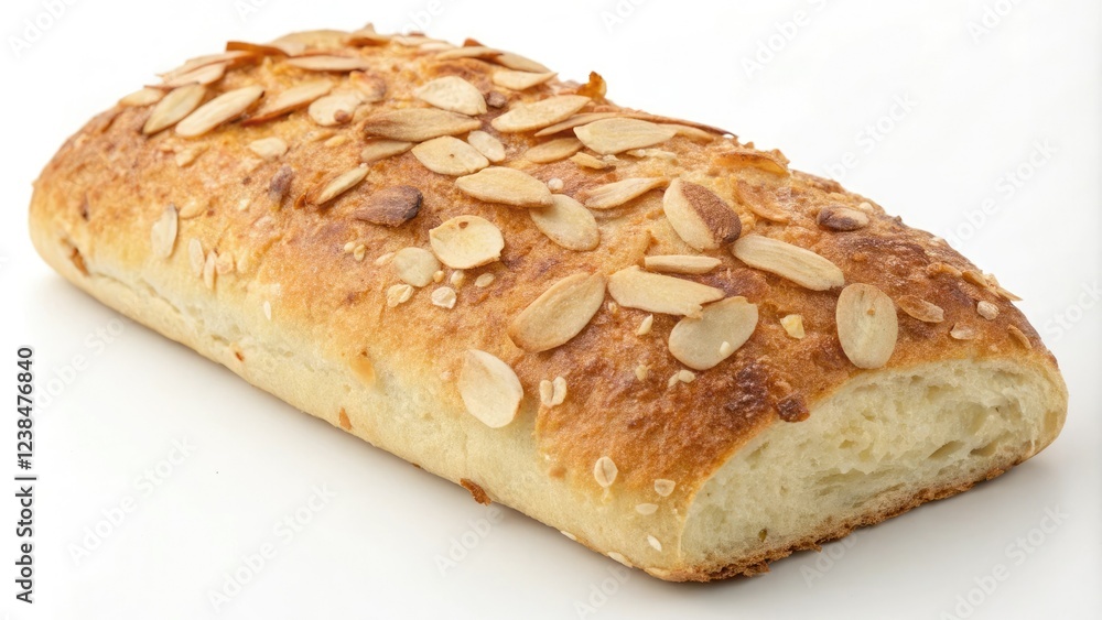 Toasted almond-studded ciabatta bread with a crispy crust and a soft interior, breakfast item, morning snack Toasted almond-studded ciabatta bread with a crispy crust and a soft interior, breakfast item, morning snack