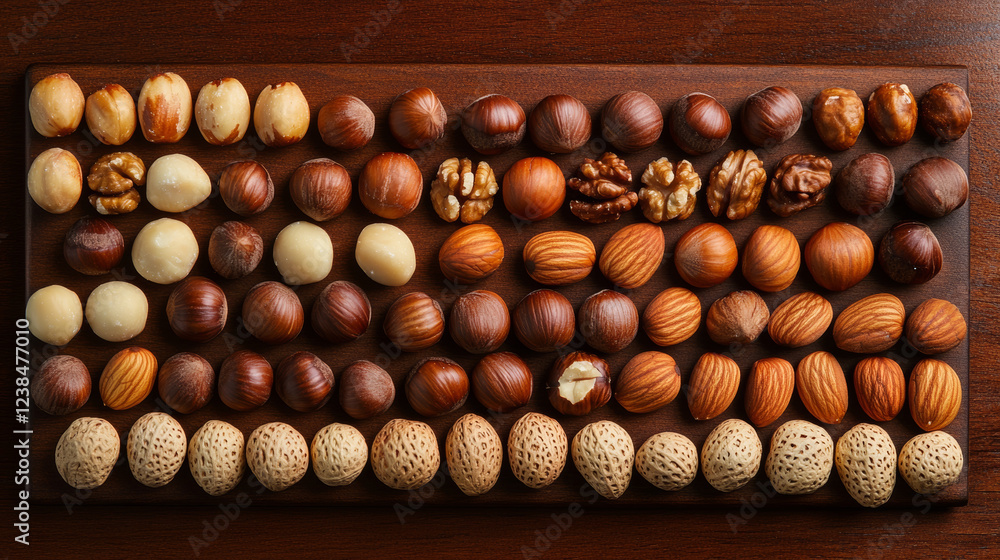 Mixed nuts including macadamias, pecans, and hazelnuts arranged neatly on wooden platter, showcasing variety of textures and colors, perfect for snacking or decoration