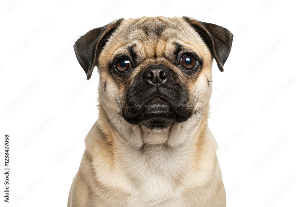 Beautiful fawn pug isolated on white background, no depth of field, sharp.