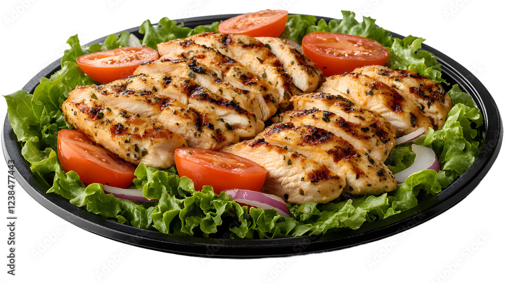Grilled chicken salad with lettuce, tomatoes and onion on a black plate over a white background.
Grilled chicken salad with lettuce, tomatoes and onion on a black plate over a white background.