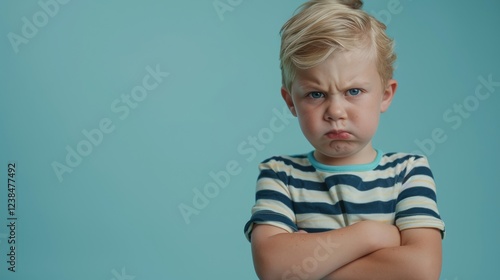 Furious little boy with arms crossed against a plain background perfect for text overlay photo