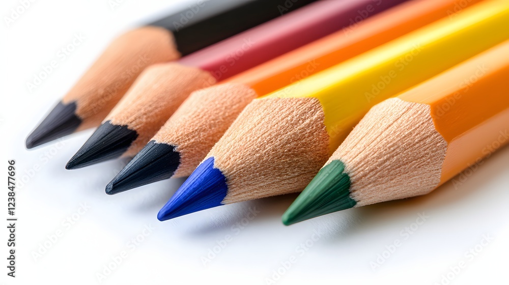Close-up of colored pencils, showcasing their sharpened tips and vibrant hues. Close-up of colored pencils, showcasing their sharpened tips and vibrant hues.