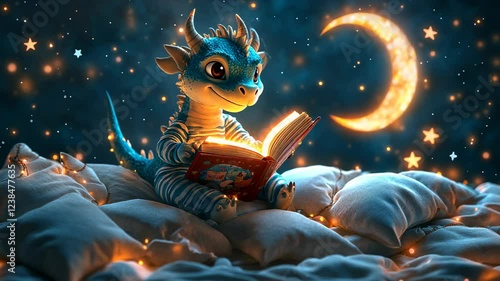Cute baby dragon reading a book on pillows under the moonlight