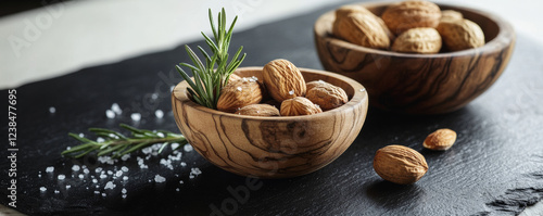 Wallpaper Mural Nuts in rustic wooden bowls with sprigs of rosemary and sea salt create warm, inviting atmosphere perfect for culinary delights Torontodigital.ca