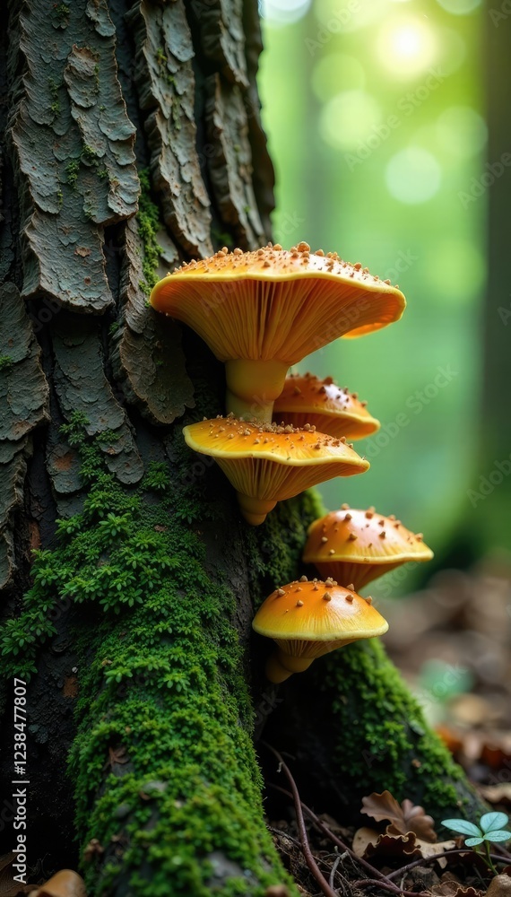 Fototapeta premium Tree trunk with fungal growth in forest environment, mycoremediation, tree,