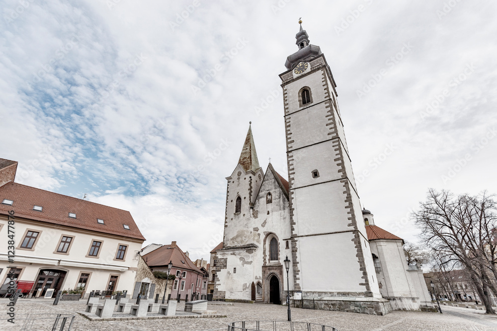 Medieval Town Pisek and historic old street with church of the nativity of the blessed Virgin Mary.