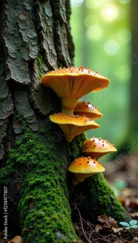 Tree trunk with fungal growth in forest environment, mycoremediation, tree, photo