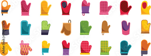Various colorful and patterned oven mitts provide protection from heat while handling hot cookware in the kitchen