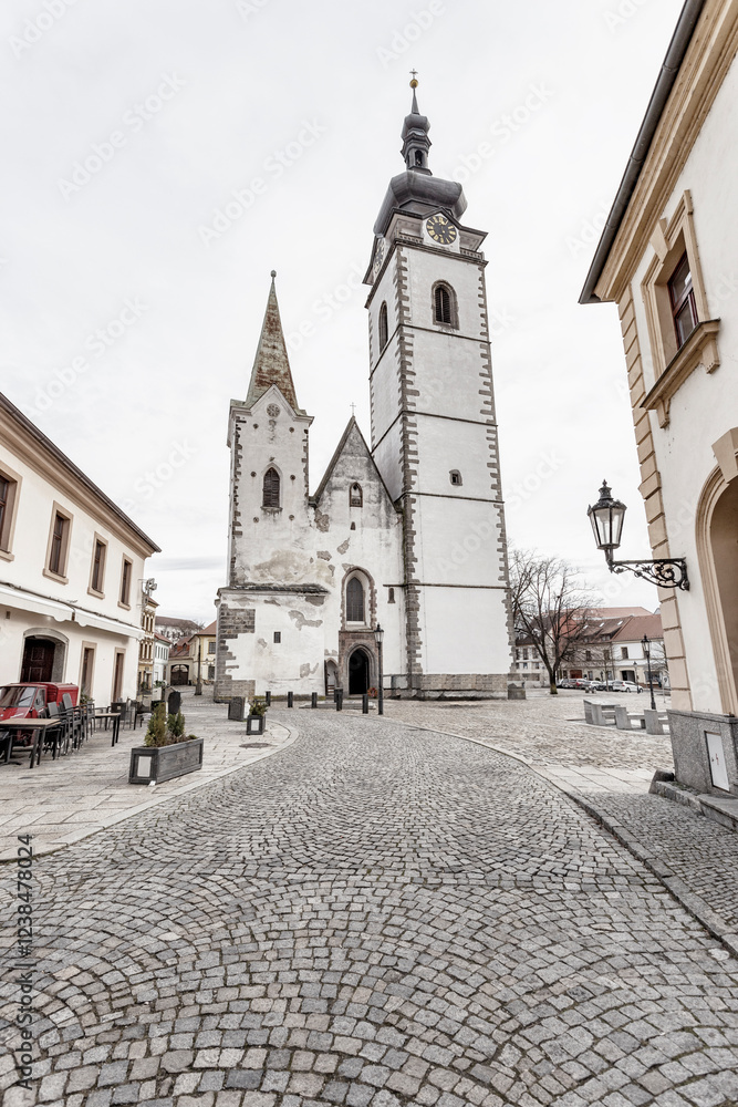 Medieval Town Pisek and historic old street with church of the nativity of the blessed Virgin Mary.