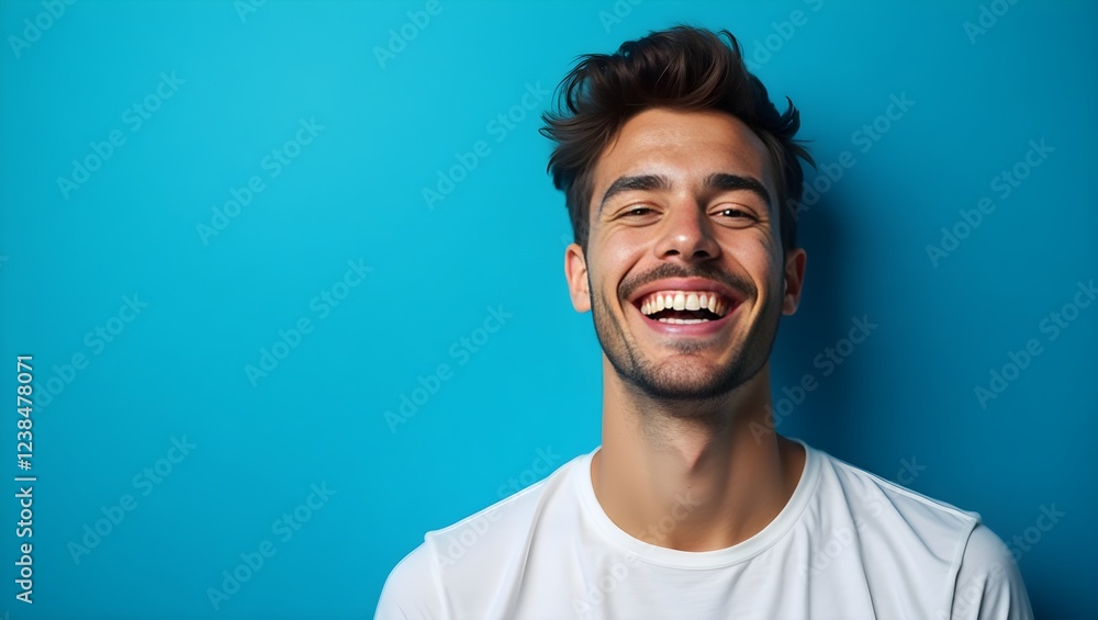 portrait of a happy young man with a bright smile against a blue background conveying positive emotions, friendliness and confidence, great for business, marketing and social media portrait of a happy young man with a bright smile against a blue background conveying positive emotions, friendliness and confidence, great for business, marketing and social media