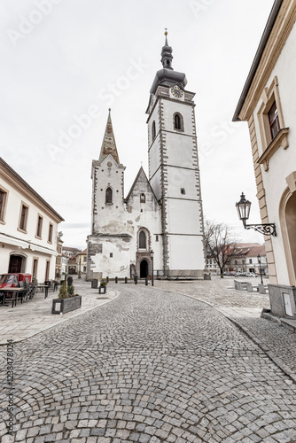 Obraz na płótnie Medieval Town Pisek and historic old street with church of the nativity of the blessed Virgin Mary. w salonie
