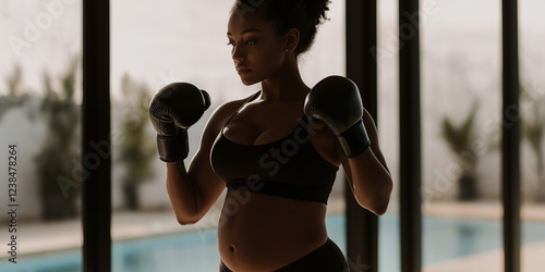 Strong pregnant woman training in boxing indoors photo