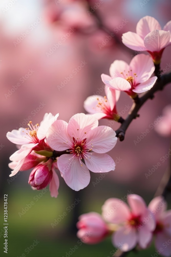 Fototapeta premium Almond tree in bloom with delicate pink petals, almonds flower tree, branches, trees