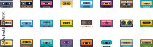 Set of colorful retro audio cassette tapes evoking nostalgia for vintage music and analog sound recording technology