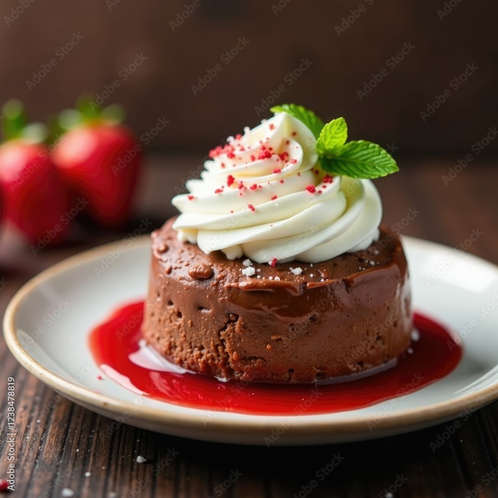 Chocolate mousse with peppermint sauce and whipped cream, dessert toppings, whipped cream, mint Chocolate mousse with peppermint sauce and whipped cream, dessert toppings, whipped cream, mint