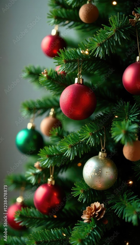 Fototapeta premium Colorful ornaments and garlands adorn a festive evergreen tree, Christmas Tree Ornaments, Wooden Ornaments, Green Garlands