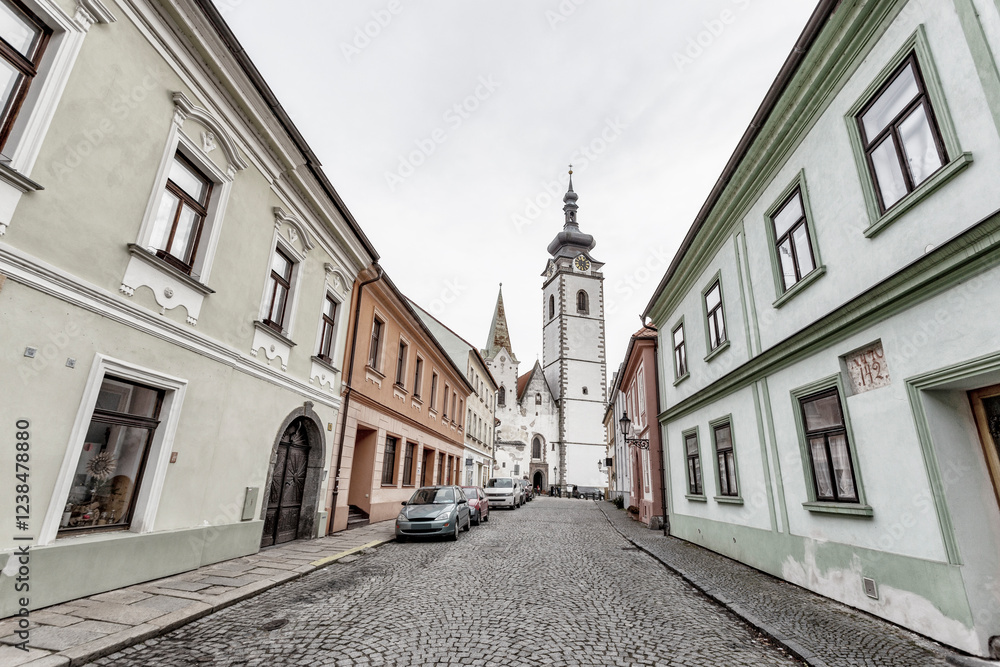 Medieval Town Pisek and historic old street with church of the nativity of the blessed Virgin Mary.