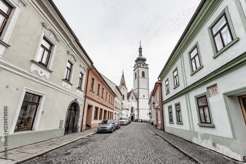 Medieval Town Pisek and historic old street with church of the nativity of the blessed Virgin Mary.