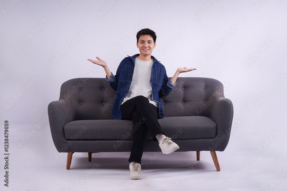 Full body image of young Asian man posing on sofa on white background Full body image of young Asian man posing on sofa on white background