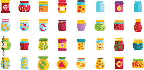 Colorful jars preserving various food like fruits, vegetables, and jams, showcasing a variety of homemade or commercially produced goods