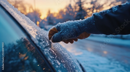 A person wearing insulated gloves scrapes ice and frost off a car windshield on a chilly winter morning with a scenic snowy backdrop. photo