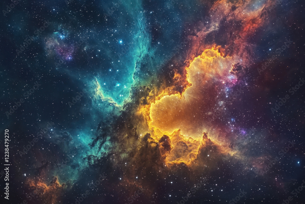 Expansive interstellar nebula with swirling clouds of golden and teal light Expansive interstellar nebula with swirling clouds of golden and teal light