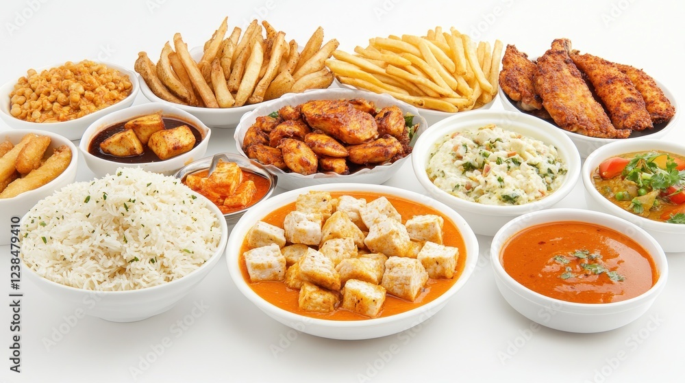 Delicious Indian food platter; rice, curry, fries Delicious Indian food platter; rice, curry, fries