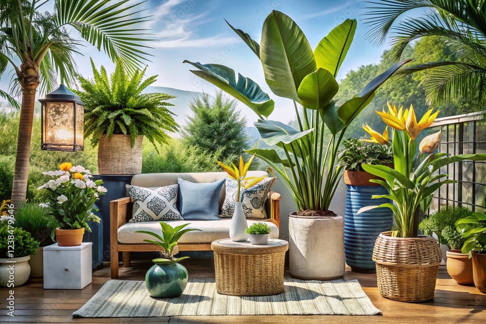 Fototapeta premium Boho Chic Summer Terrace Decor: Giant White Bird of Paradise & Phlebodium Aureum