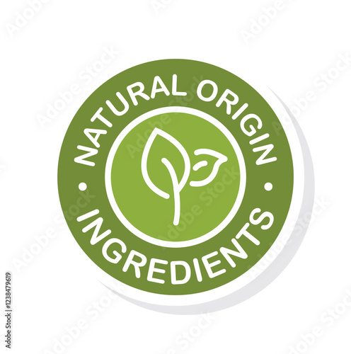 Organic ingredients and green leaf, label stamp, vector, sticker.