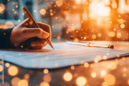 A businessperson signing the final page of a contract termination agreement, with a determined look and documents spread across the desk photo