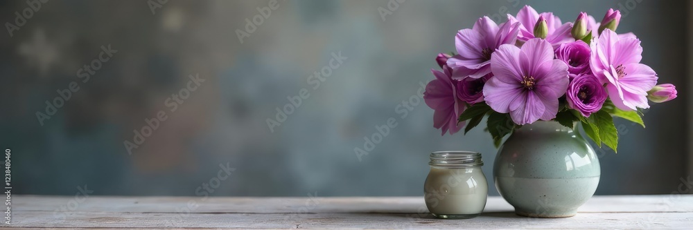 Purple flower arrangement next to a small glass jar, table, ceramics Purple flower arrangement next to a small glass jar, table, ceramics