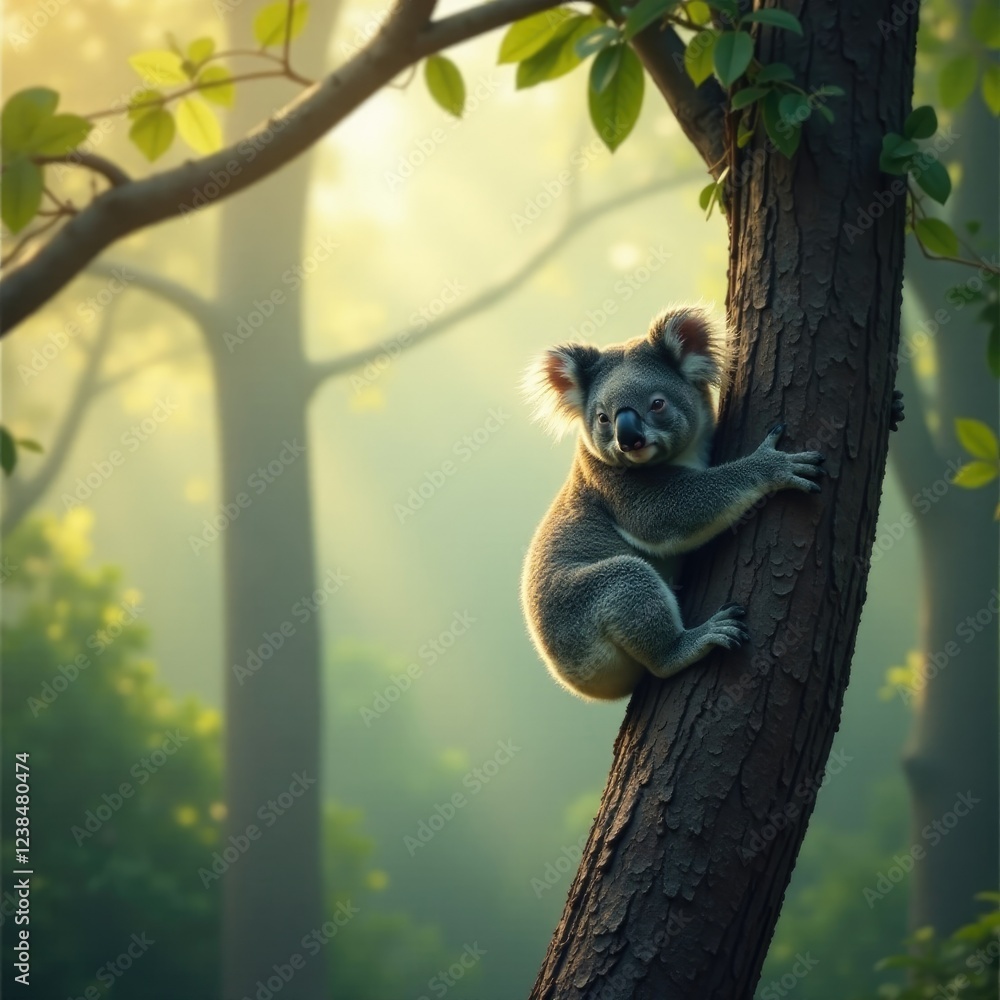 Fototapeta premium quiet koala rests on a branch of tall eucalyptus tree, misty morning light, eucalyptus, tree