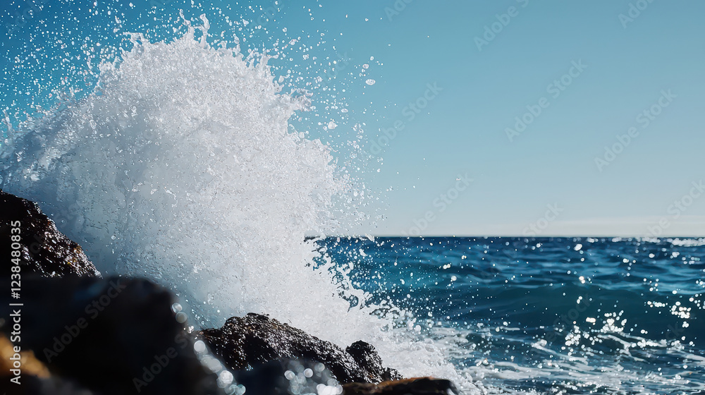 Obraz premium A picturesque view of ocean waves crashing against rocky shore under a clear blue sky, capturing the beauty of nature.