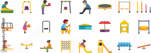 Children enjoying various playground activities like swinging, sliding, and playing with balls in a vibrant and colorful park setting