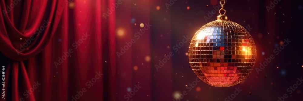 Obraz premium Sparkling disco ball with a gold chain hanging from a velvet curtain, opulent, chain, golden