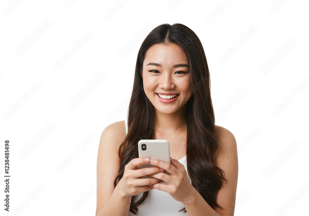 Portrait of a happy woman using mobile phone isolated on white background, no depth of field, sharp. Portrait of a happy woman using mobile phone isolated on white background, no depth of field, sharp.