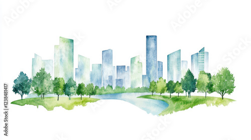 A serene watercolor depiction of a modern city skyline with lush greenery.