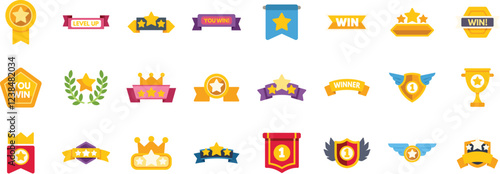 Colorful ranking icons represent winning, leveling up, and achieving awards