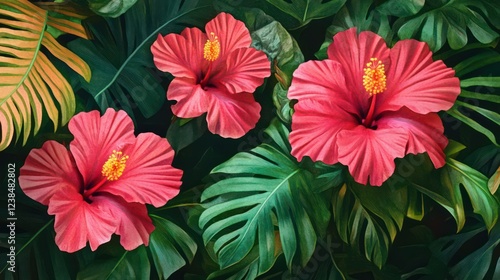 Wallpaper Mural A lush tropical setting featuring bright hibiscus flowers with vivid greens in the background Torontodigital.ca