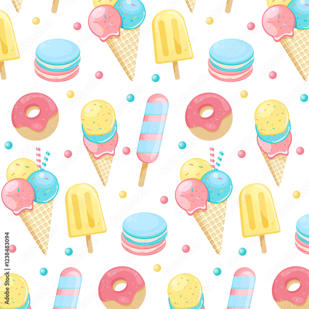 Pastel Sweet Treats Pattern Background with Ice Cream, Donuts, and Candy Pastel Sweet Treats Pattern Background with Ice Cream, Donuts, and Candy