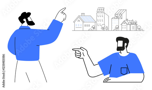 Two people in conversation pointing at a neighborhood filled with various homes and buildings with solar panels. Ideal for discussions on community planning, real estate, sustainable living