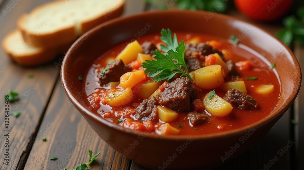 Rich and hearty Hungarian goulash served with bread on a rustic table Rich and hearty Hungarian goulash served with bread on a rustic table