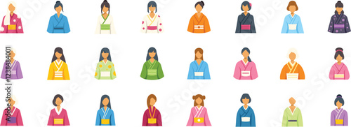 Diverse set of women showcasing colorful kimonos, highlighting japanese fashion and cultural traditions