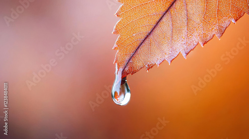 Close-up of a leaf with a water droplet hanging from its tip, showcasing autumn colors.